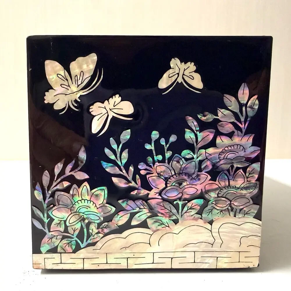 Vintage Asian Mother of Pearl Black Laquer Wood Jewelry Box Hinged AS IS